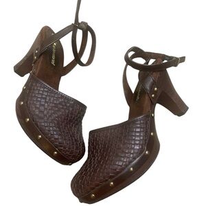 Boho Hippie Festival Brown Faux Woven leather clog heels